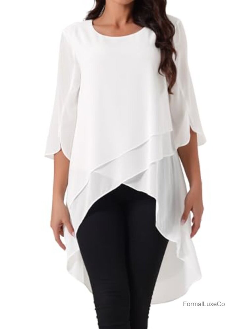 Women's Chiffon High Low Blouse 3/4 Bell Sleeve Asymmetrical Tunic Top